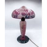 CHARDER A double glass lamp with acid-etched cameo decorated with roses height: 48 cm Executed circa