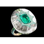 COLOMBIAN* EMERALD, DIAMOND AND ROCK CRYSTAL RING (GRS CERTIFICATE)
