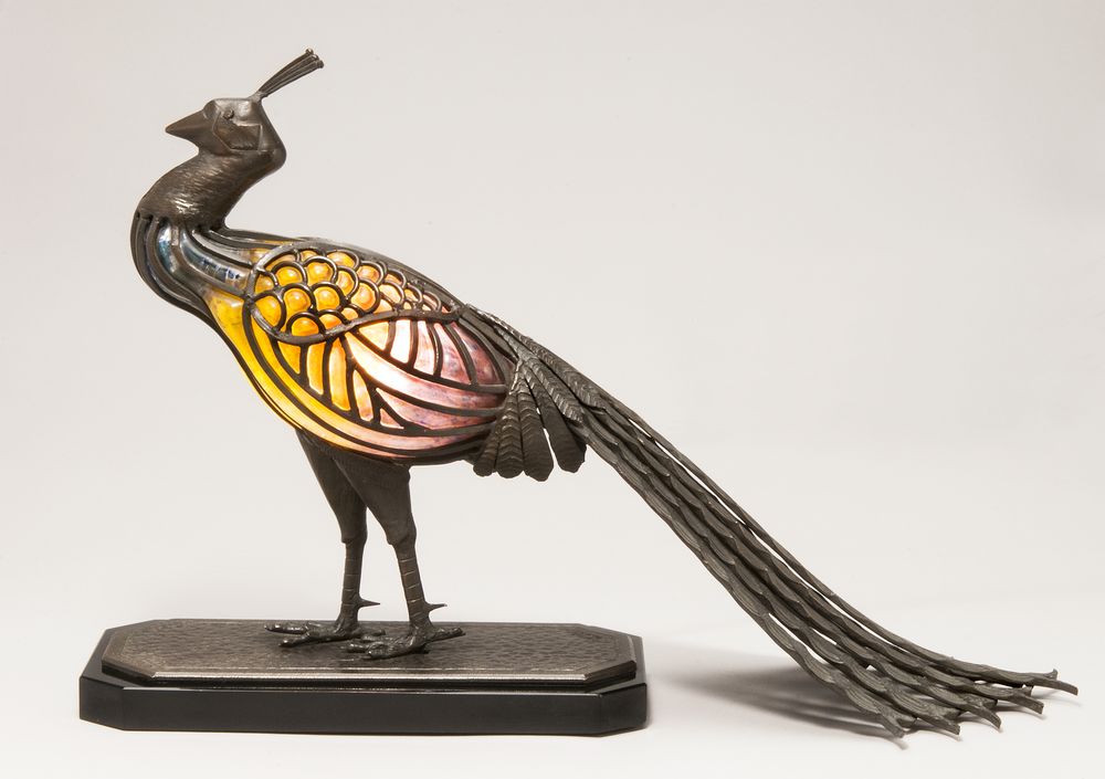 MULLER FRERES (established 1895–1933) LEON CHAPELLE Bronze and glass ‘Peacock’ table lamp signed ‘