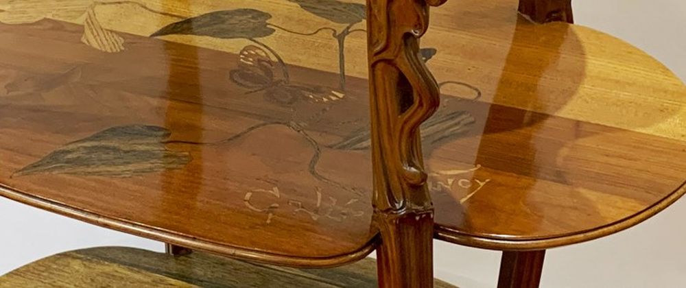 EMILE GALLE (1846-1904) Sculpted walnut Sellette decorated with exotic wood marquetry signed in - Image 3 of 3