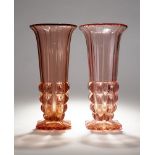 PAIR OF ART DECO ROSE GLASS VASES base: 12 x 12 cm height: 34.5 cm