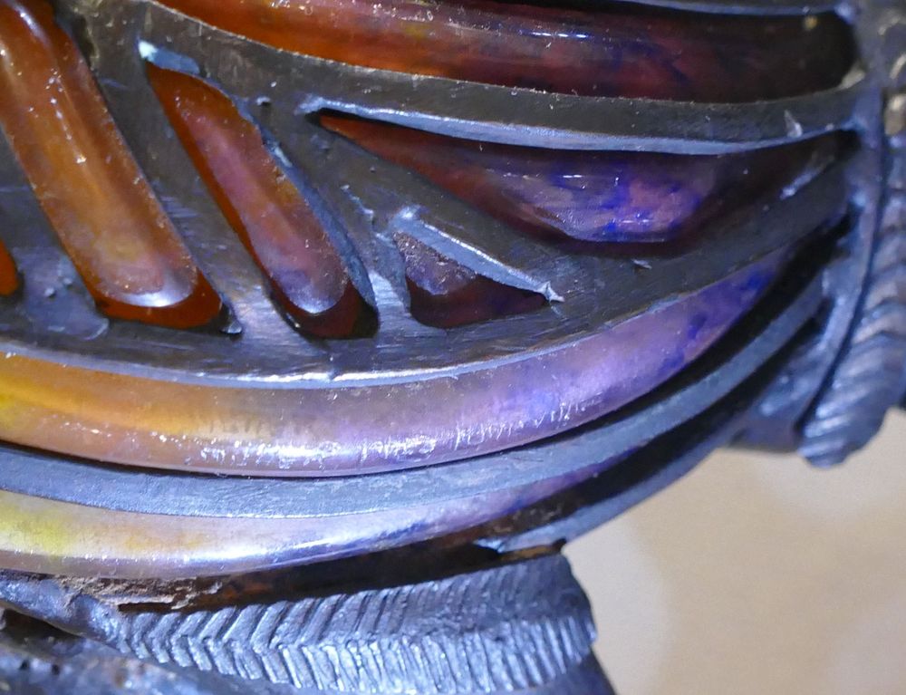 MULLER FRERES (established 1895–1933) LEON CHAPELLE Bronze and glass ‘Peacock’ table lamp signed ‘ - Image 2 of 3