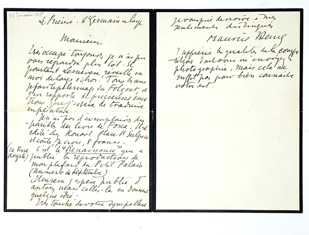 MAURICE DENIS (1870-1943) Autograph letter signed "Maurice Denis" to the painter Jacques Jullien,