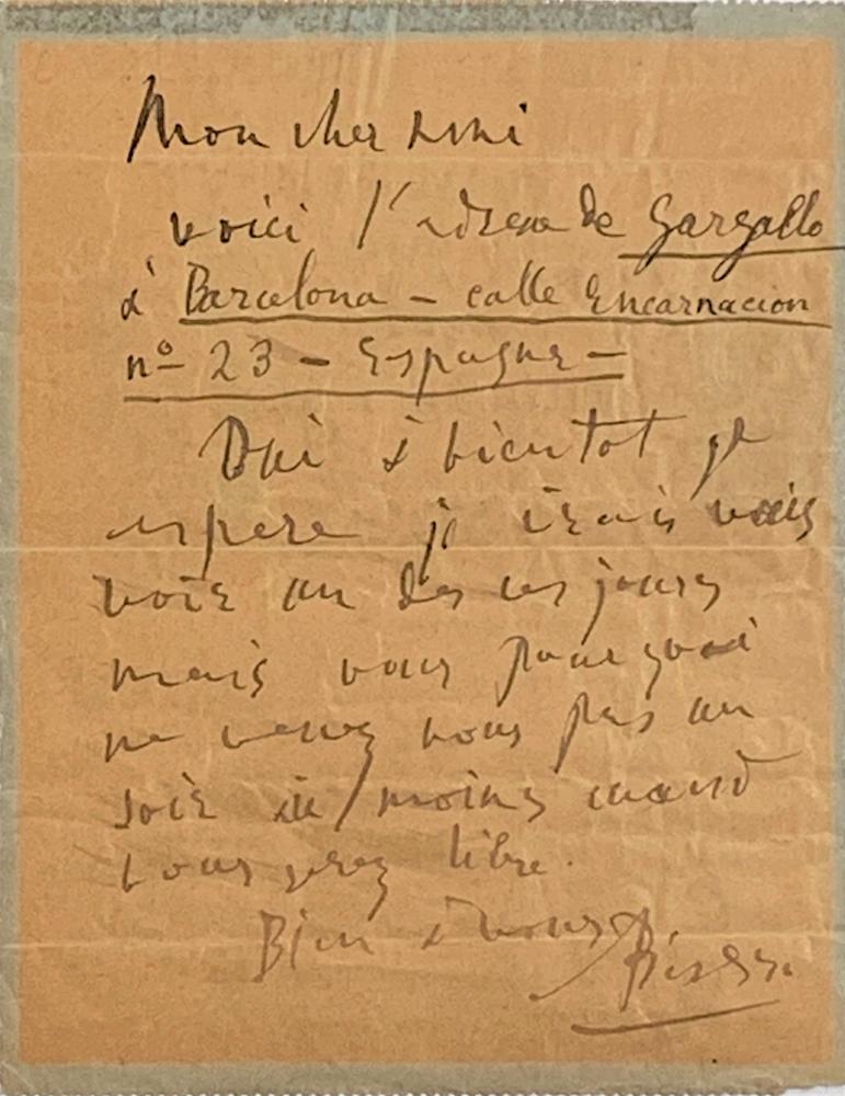 PABLO PICASSO (1881-1973) Autograph letter signed. 1915. Autograph letter signed “Picasso” to