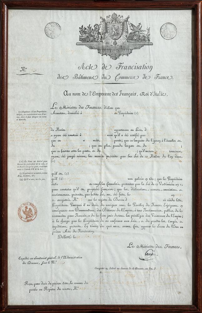 ACTE DE FRANCISATION D’UN BATEAU, 1808 Acte de Francisation des Bâtiments du Commerce de France,