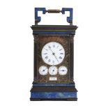 CAGE-SHAPED OFFICER'S CLOCK IN GILDEN BRONZE AND LAPIS-LAZULI, LA VALLEE SWITZERLAND, XX CENTURY The