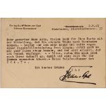 WILHELM VON OPEL (1871-1948) Typed postcard signed addressed to Mr A. Roth Wiesbaden, 2. 8. 1947.