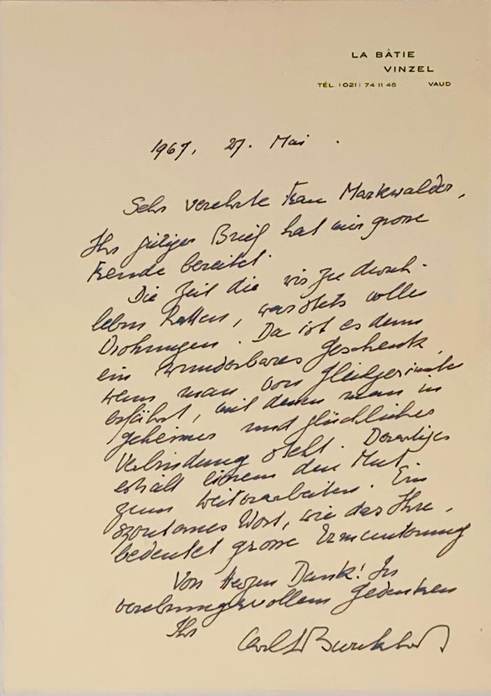 CARL JACOB BURCKHARDT (1891-1974) Autograph letter signed to Helene Markwalder in Mariastein Vinzel,