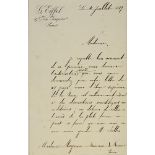 GUSTAVE EIFFEL (1832-1923) Letter signed "G. Eiffel" with an autograph note, to Mrs. MAGNIN, Bank of