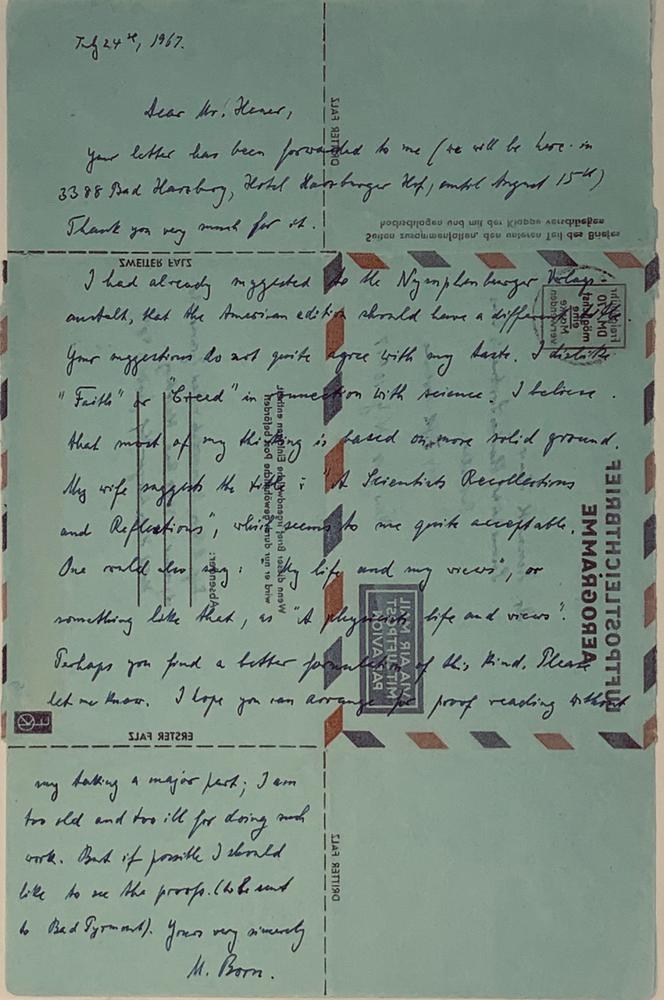 MAX BORN (1882-1970) Autograph letter signed “M. Born” to Kenneth Heuer in New York, editor of Borns