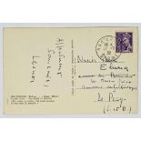 [ÉLUARD] – LEONOR FINI (1907 -1996) Autograph card signed to Paul and Nusch Éluard Hauterives (