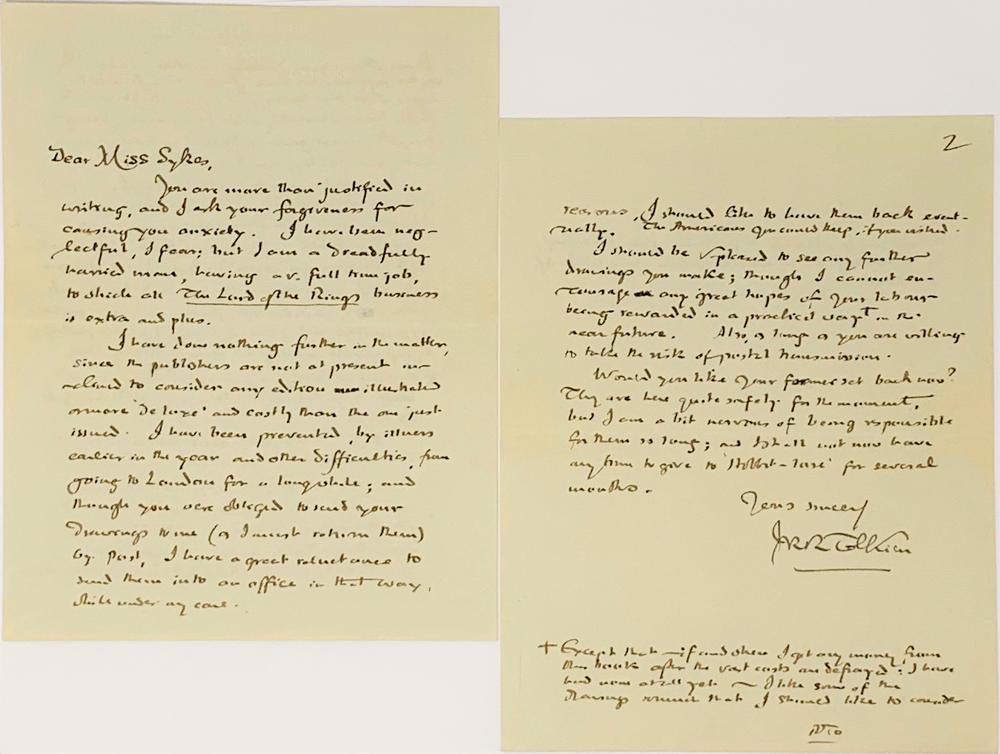 J.R.R. TOLKIEN (1892-1973) Signed autograph letter to illustrator Miss Sykes. Three ½ in-8° pages on