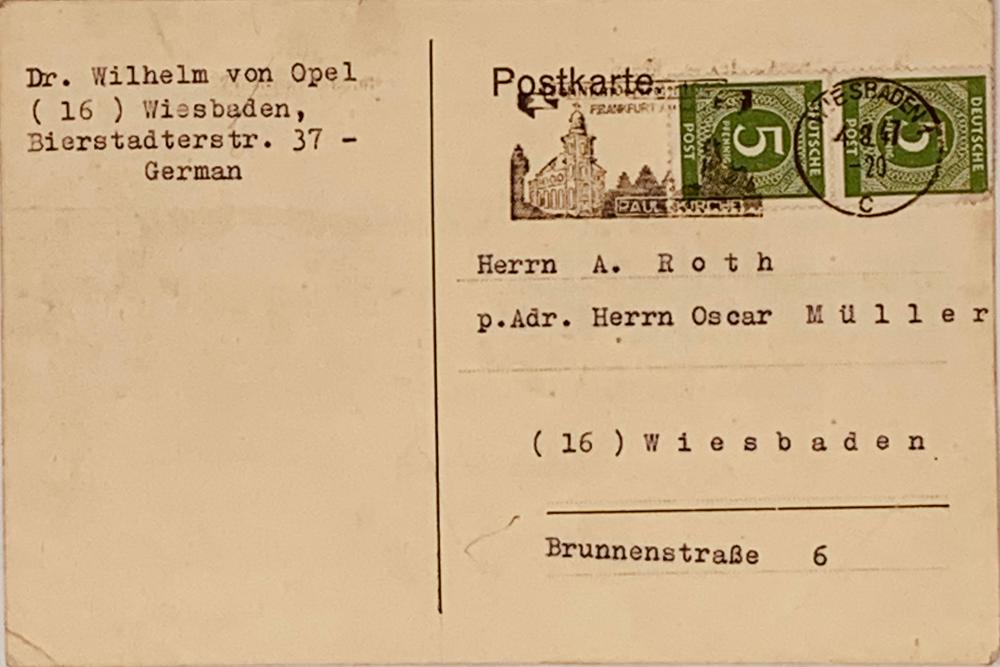 WILHELM VON OPEL (1871-1948) Typed postcard signed addressed to Mr A. Roth Wiesbaden, 2. 8. 1947. - Image 2 of 2