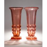 PAIR OF ART DECO ROSE GLASS VASES base: 12x12cm height: 34.5cm