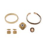 KONVOLUT GOLDSCHMUCK 5-tlg. Gold, Silber. 1) Armreif, gest. 585. Ges.-Gew. ca. 3