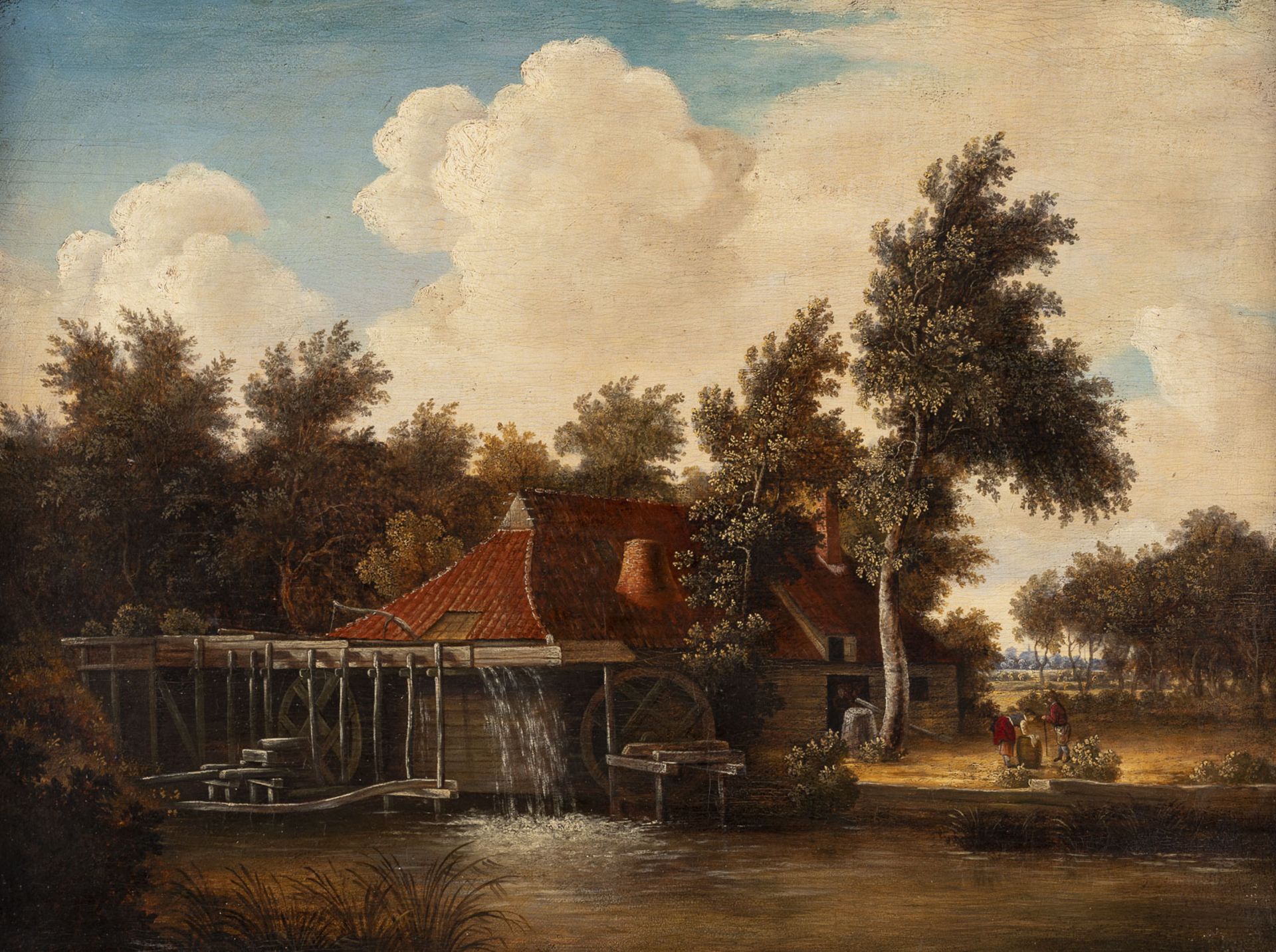 MEINDERT HOBBEMA (WERKSTATT/SCHOOL), LANDSCHAFT MIT WASSERMÜHLE UND WÄSCHERIN AM FLUSS