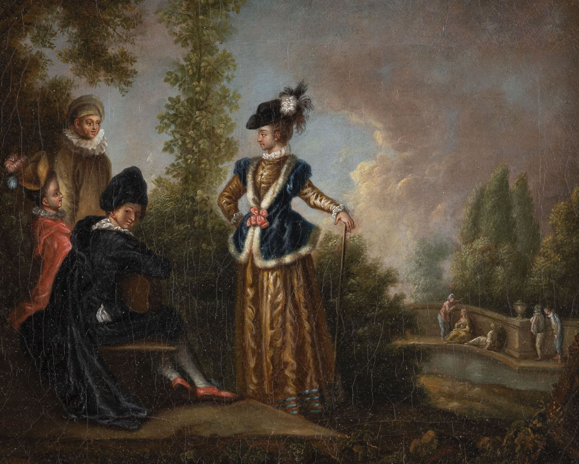 ANTOINE WATTEAU (WERKSTATT), PIERROT SPIELT GITARRE IN ANWESENHEIT ZWEIER JUNGER DAMEN