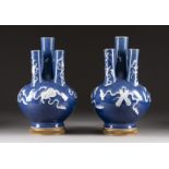 A PAIR OF JI-BLUE GLAZED FIVE-TUBE VASE WITH EIGHT TREASURES PATTERN