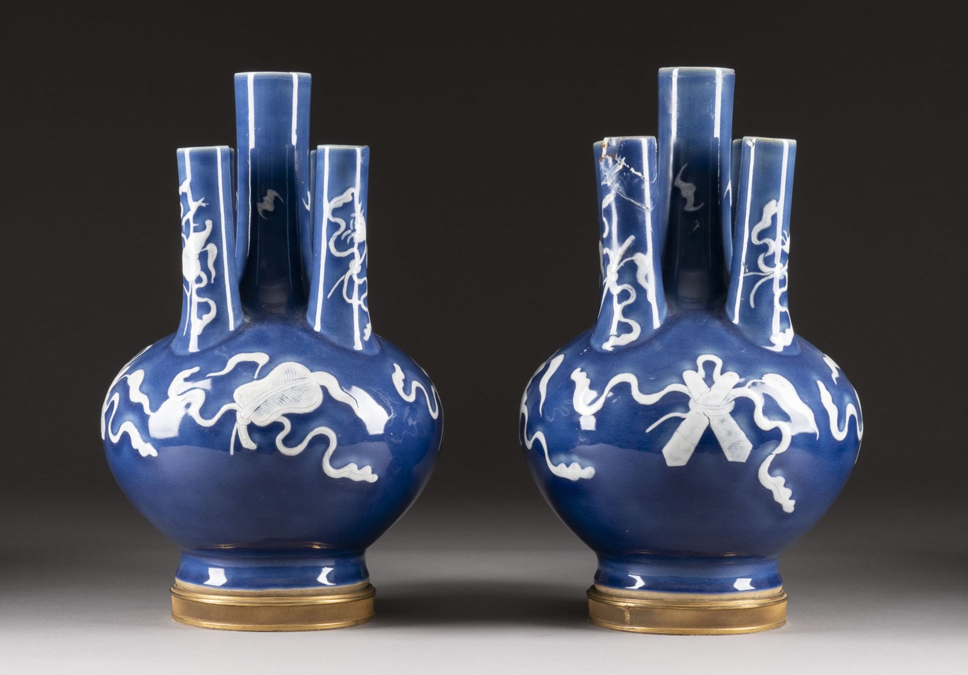 A PAIR OF JI-BLUE GLAZED FIVE-TUBE VASE WITH EIGHT TREASURES PATTERN