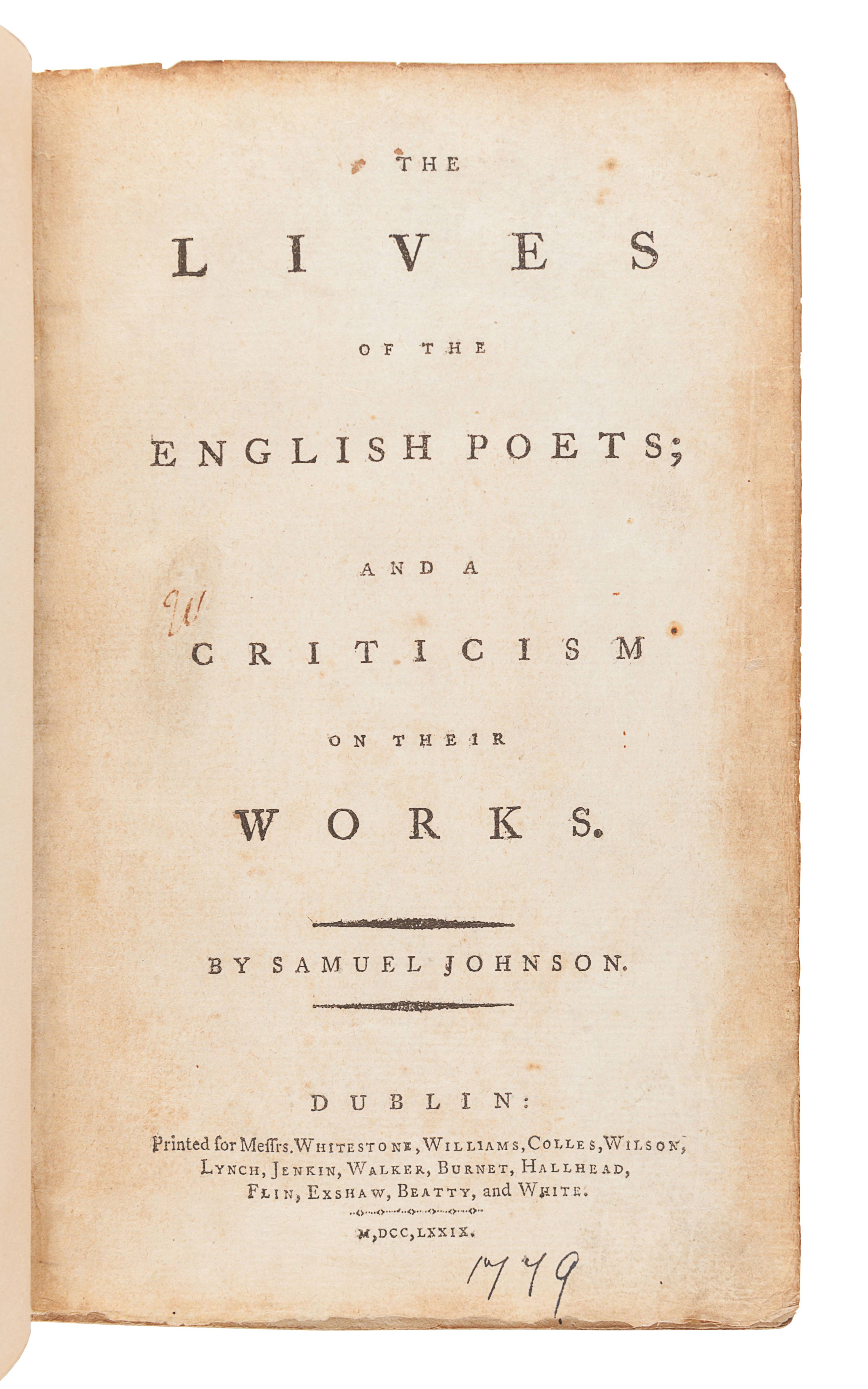 JOHNSON, Samuel (1709-1784). The Lives of the English Poets; and a Criticism on their Works. Dublin: - Image 2 of 2