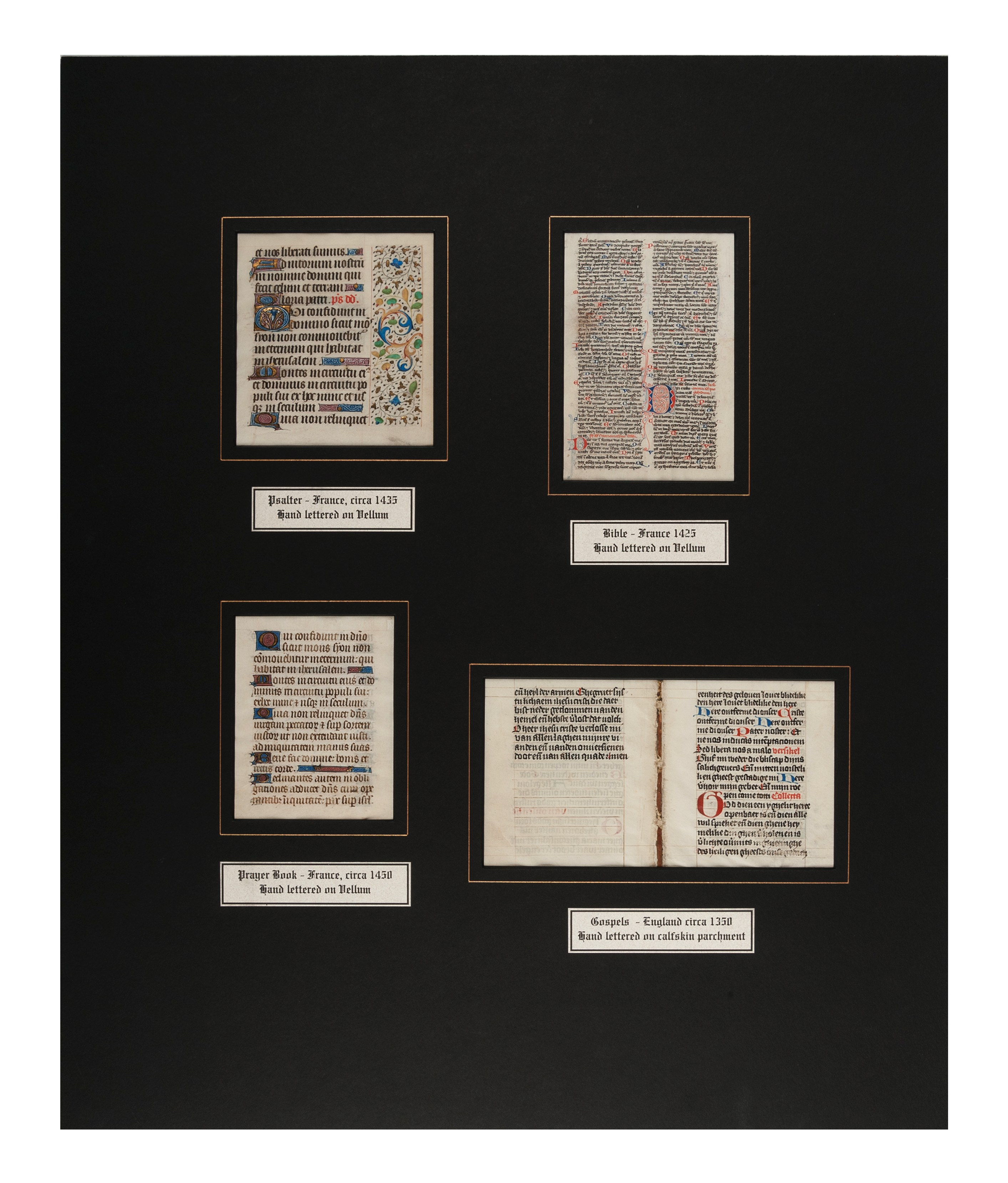 [MANUSCRIPT LEAVES -- BIBLES]. A group of 4 manuscript leaves on vellum, matted together, comprising