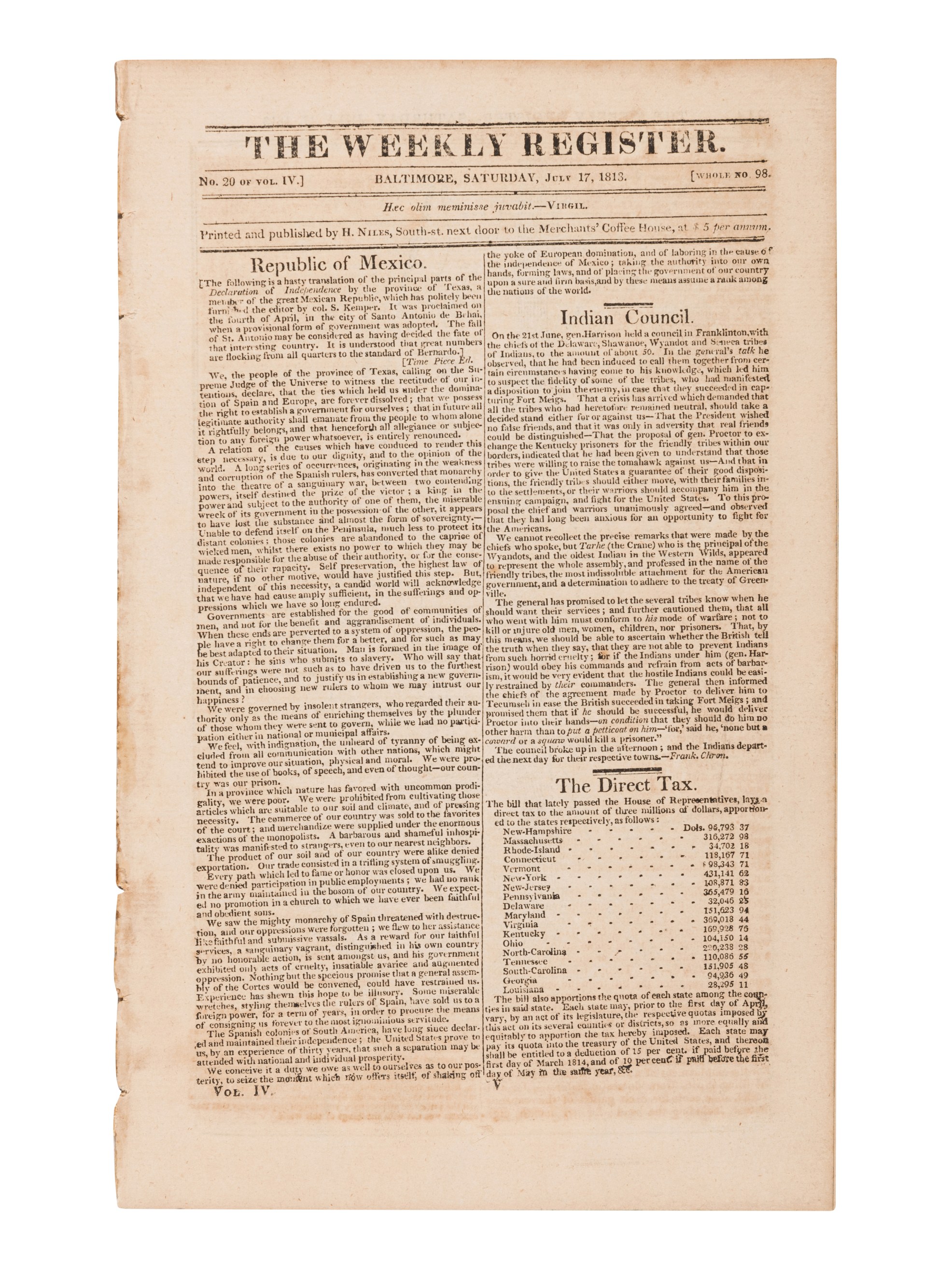 [NEWSPAPER - TEXAS NEWS - THE ALAMO]. Niles Weekly Register. Vol. 49 (September 5, 1835-February 27,