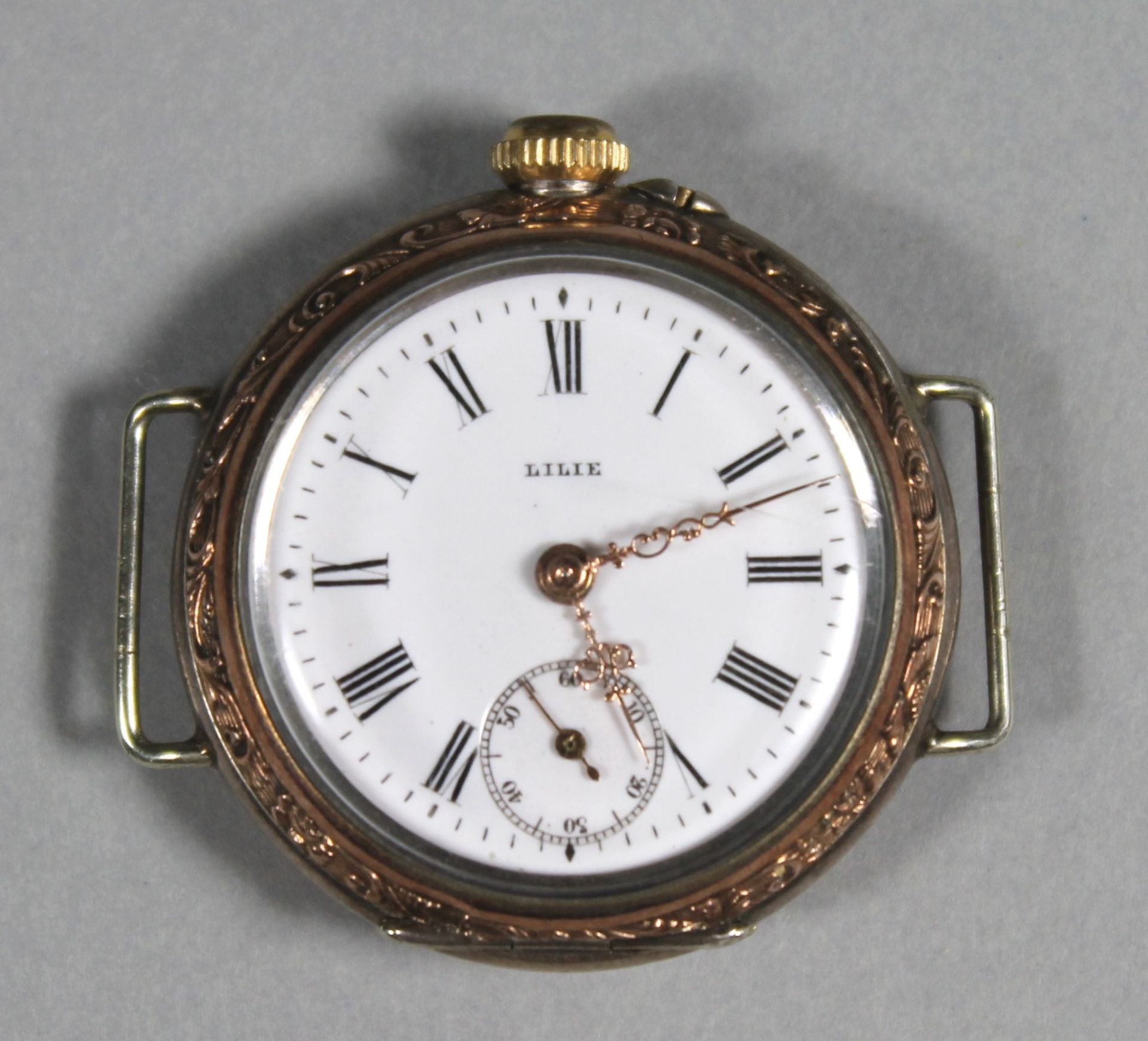 1 Damenarmbanduhr ohne Armband Silber (800/000), diverse Punzen "Lilie", emailliertes Zifferblatt