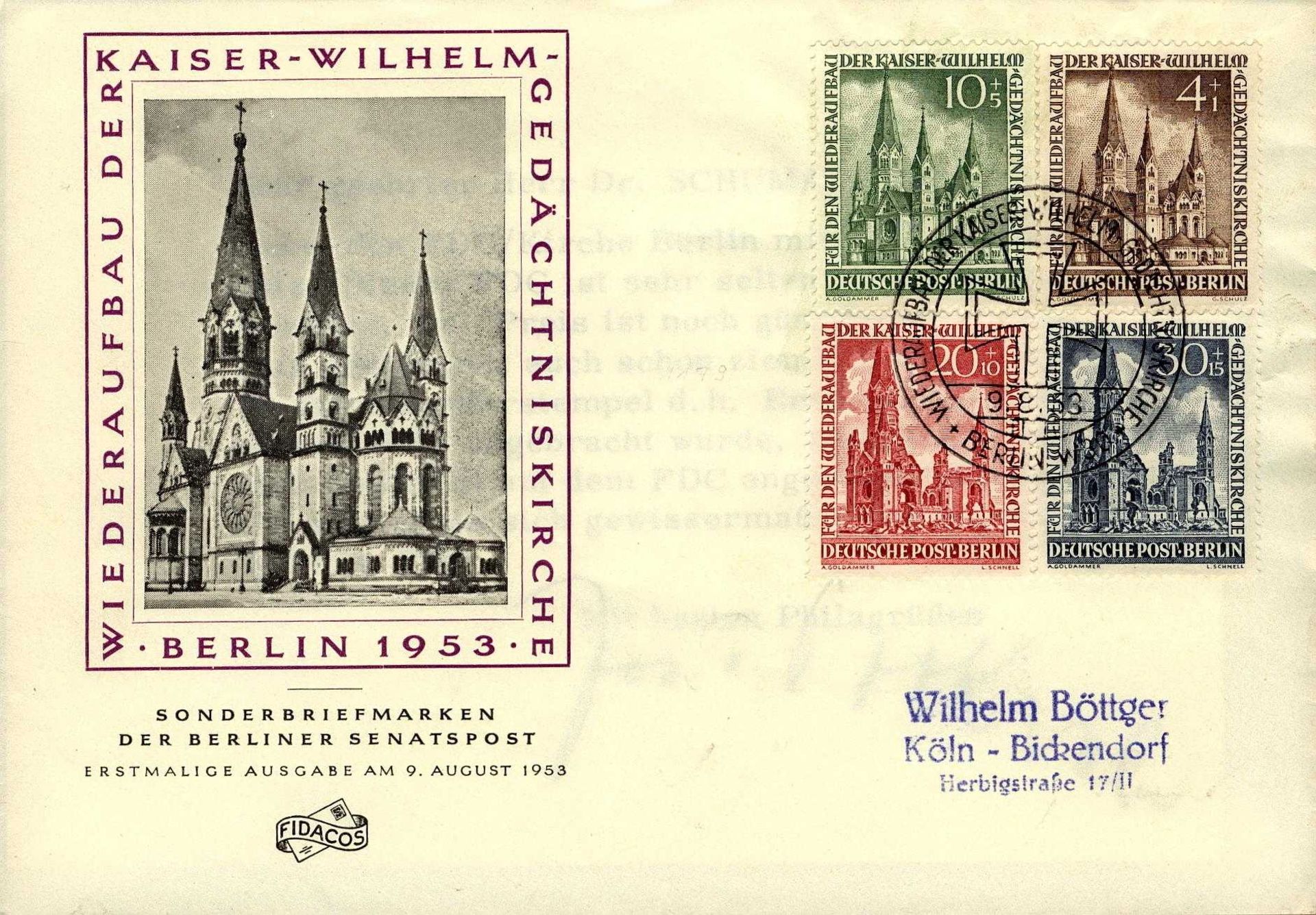 1 FDC der Marken "Wiederaufbau der Kaiser-Wilhelm Gedächtniskirche", Sonderbriefmarken der