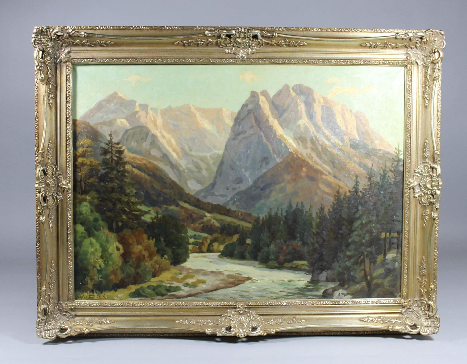 1 großes Ölbild auf Leinwand "Berglandschft mit Wasserlauf", links unten signiert W. Rizzi, Walter