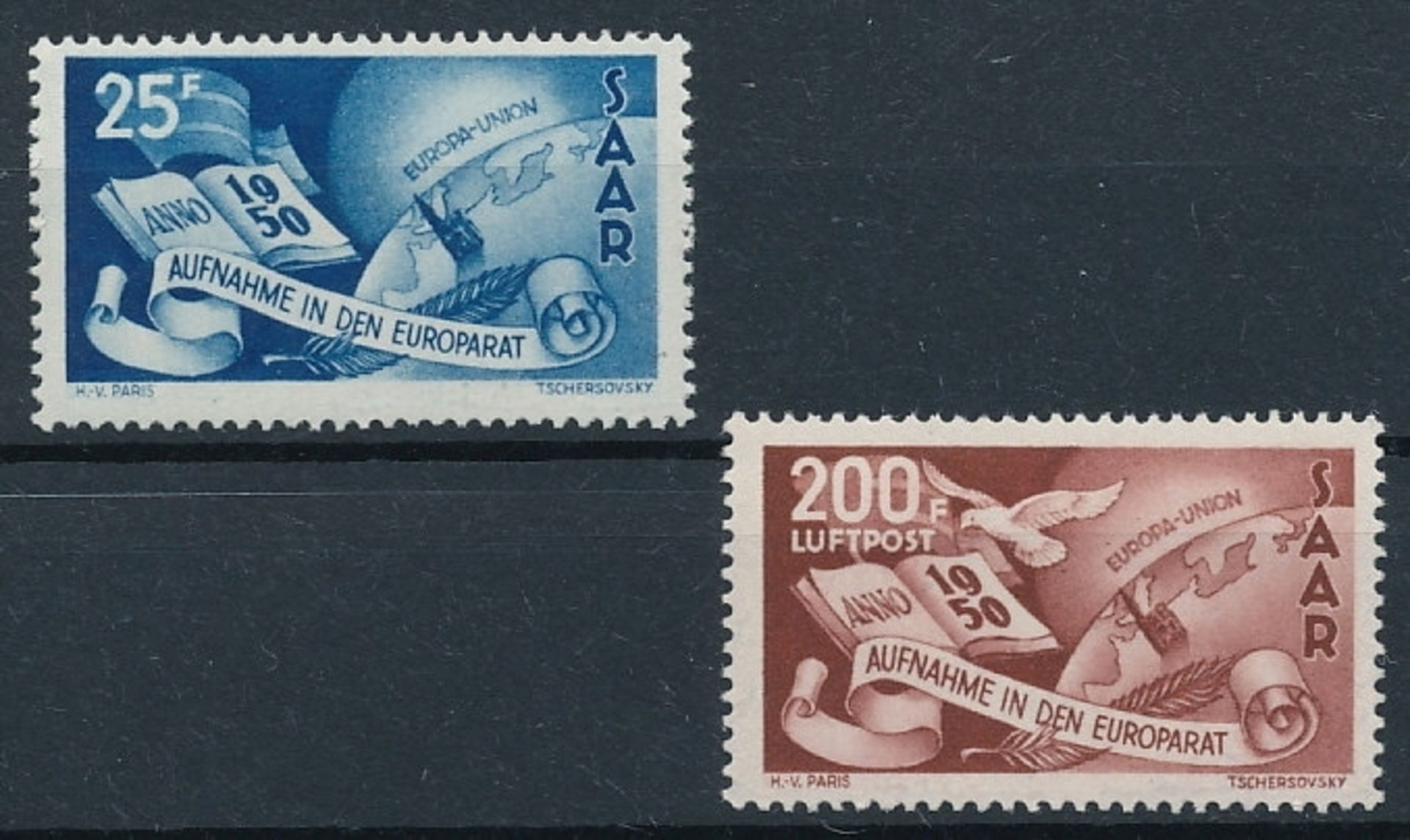 2 Briefmarken "Aufnahme des Saarlandes in den Europarat und Flugpostmarke", Saar, postfrisch,