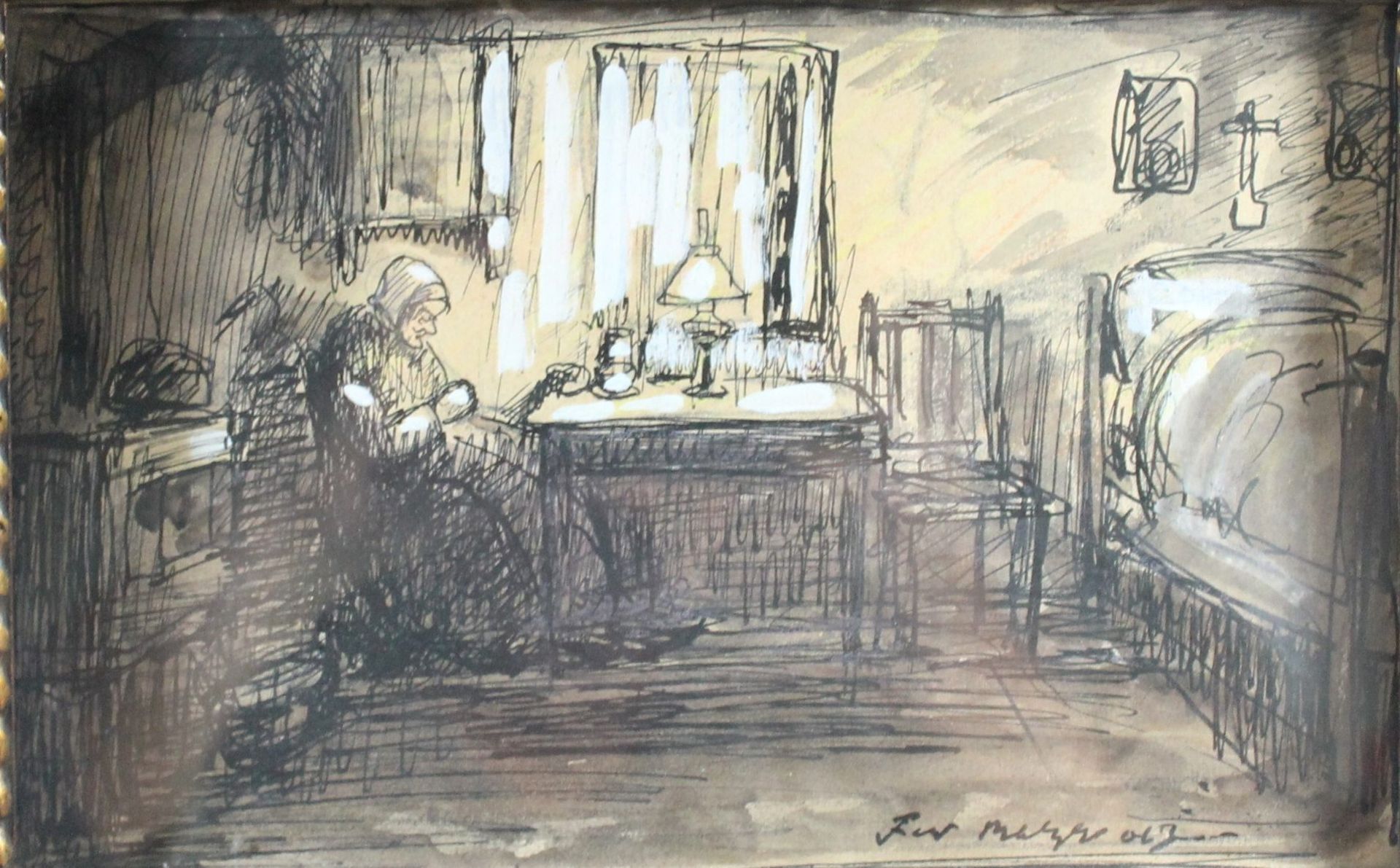 1 Tuschezeichnung aquarelliert "Interieur, Bauernstube mit alter Frau", rechts unten Schriftzug, ca.