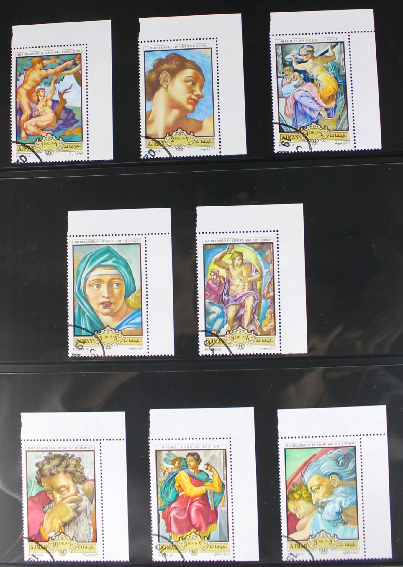 3 Briefmarkenalben „Motive“, nur Gemälde, hochwertige Lindner-Alben mit schwarzen Blättern, Neupreis