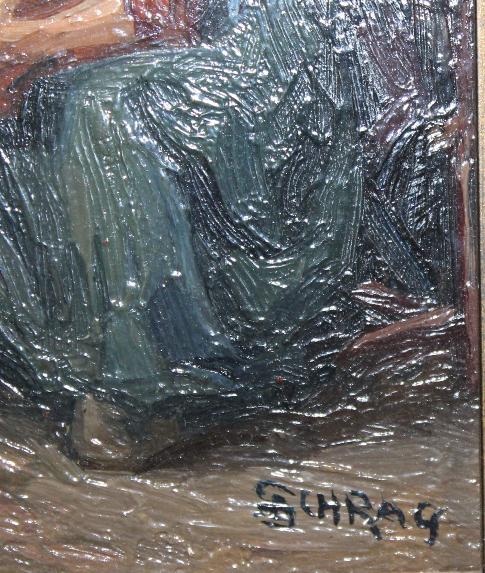 1 kleines Ölbild auf Holzplatte gemalt "Frau am Herd", rechts unten signiert, Rückseite - Image 2 of 3