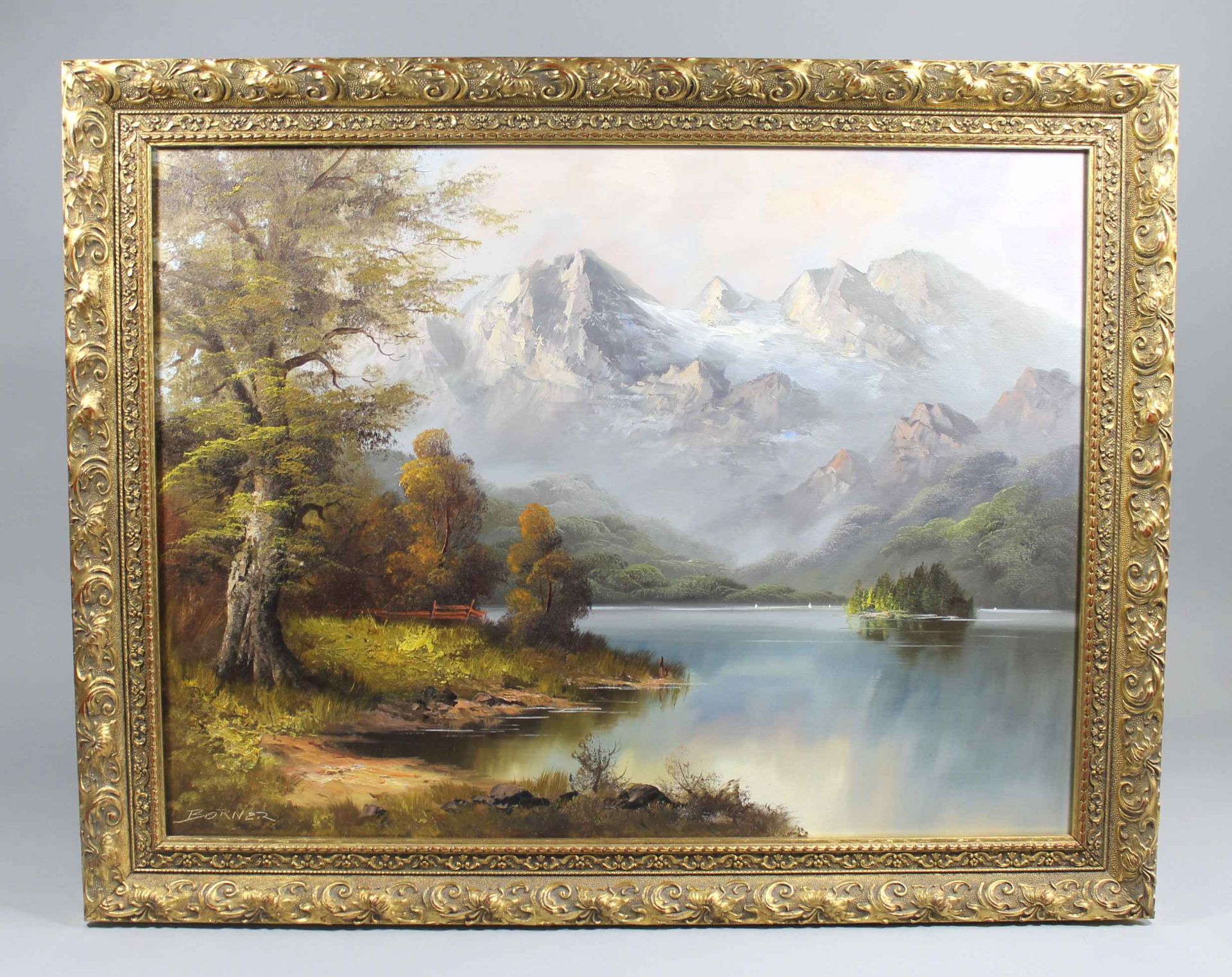 1 Ölbild auf Leinwand "Berglandschaft mit See", links unten signiert Börner, Emil Paul Börner (