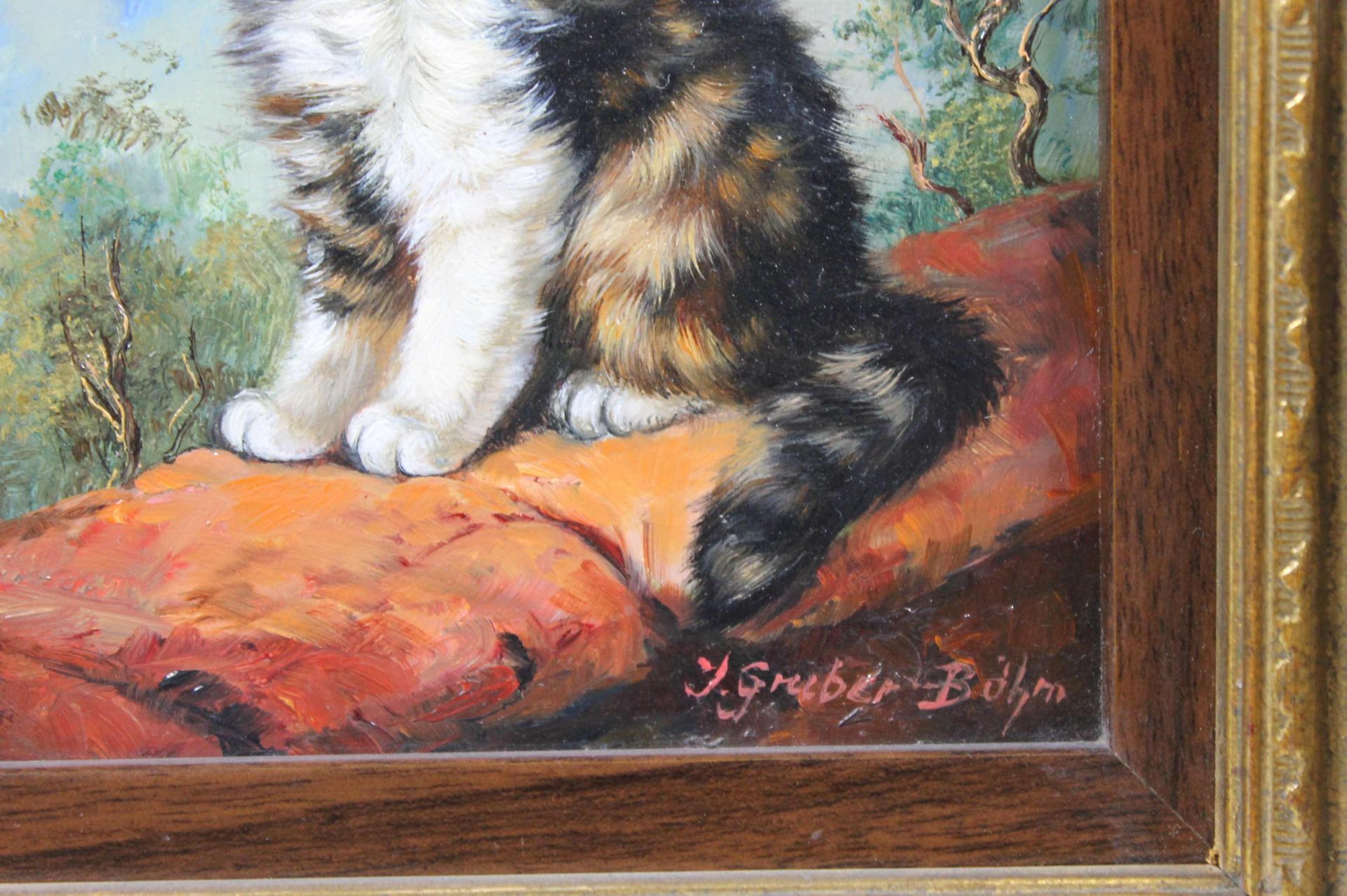 1 kleines Ölbild auf Holz "Katze", rechts unten signiert I. Gruber-Böhm, Inge D. Gruber-Böhm (1941), - Image 2 of 2