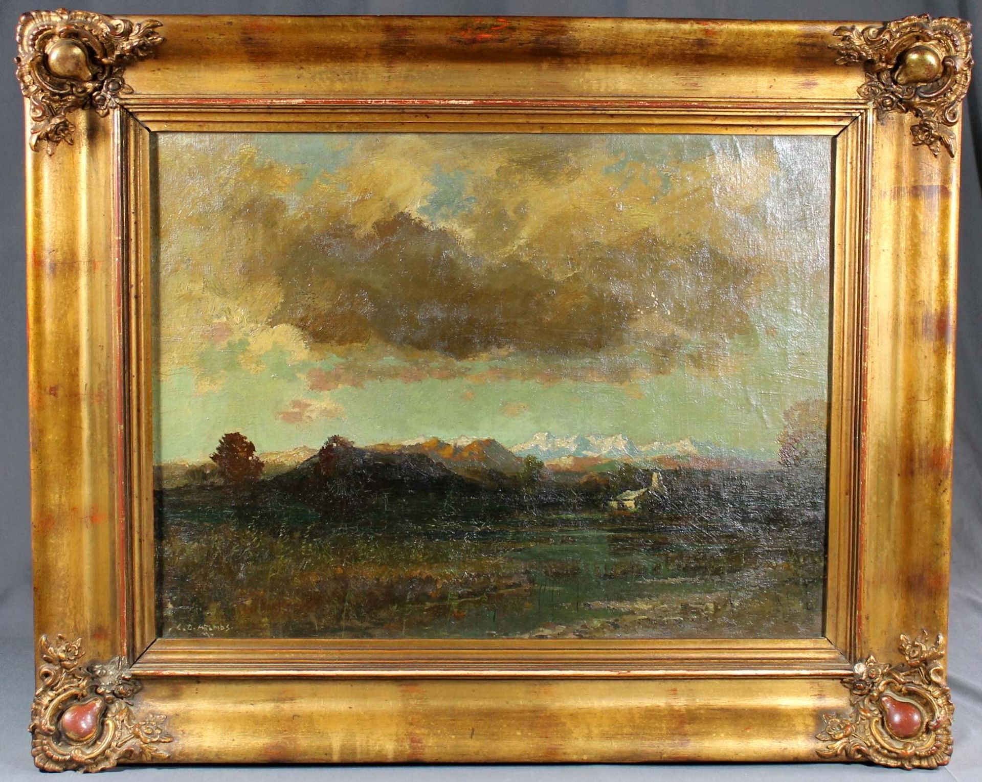 1 altes Ölbild auf Leinwand "Landschaft", diverse Farbabplatzungen, links unten signiert C.D. Arends
