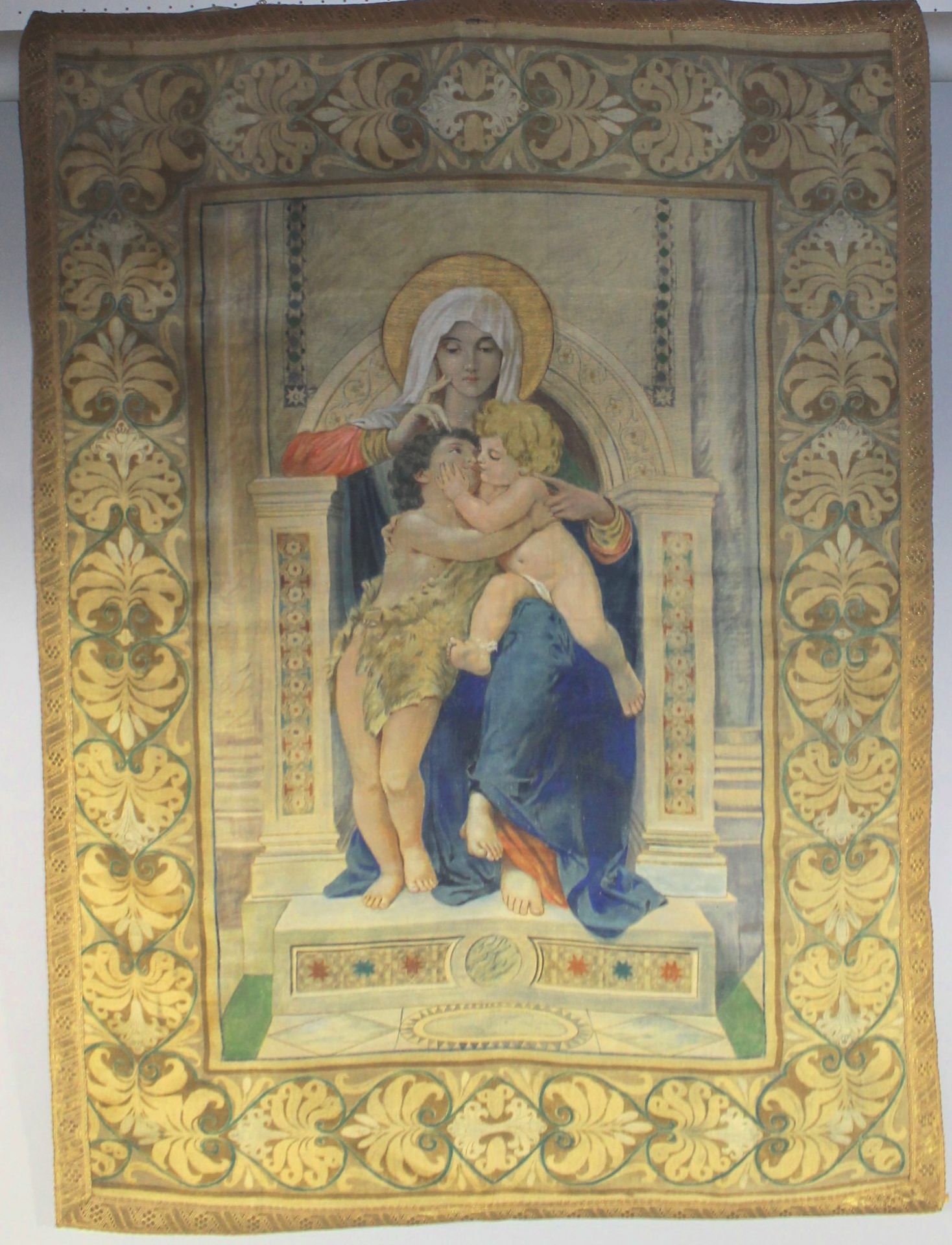 1 alter Gobelin "Maria mit dem Jesuskind", um 1900, besch., ca. 137cm x 101cm