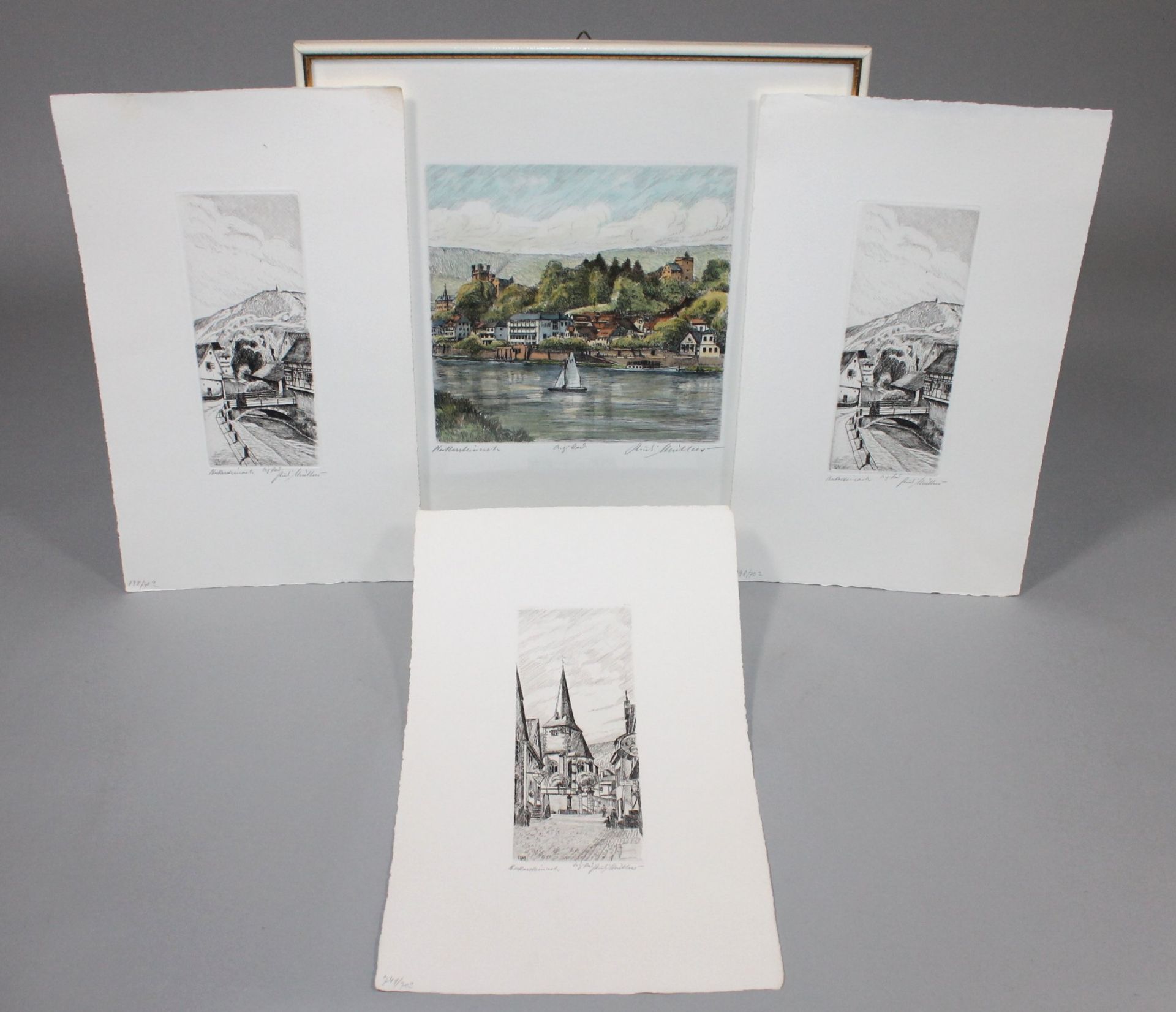 4 Original-Radierungen "Ansichten von Neckarsteinach", 1 Blatt doppelt, 1 Blatt col. und gerahmt,