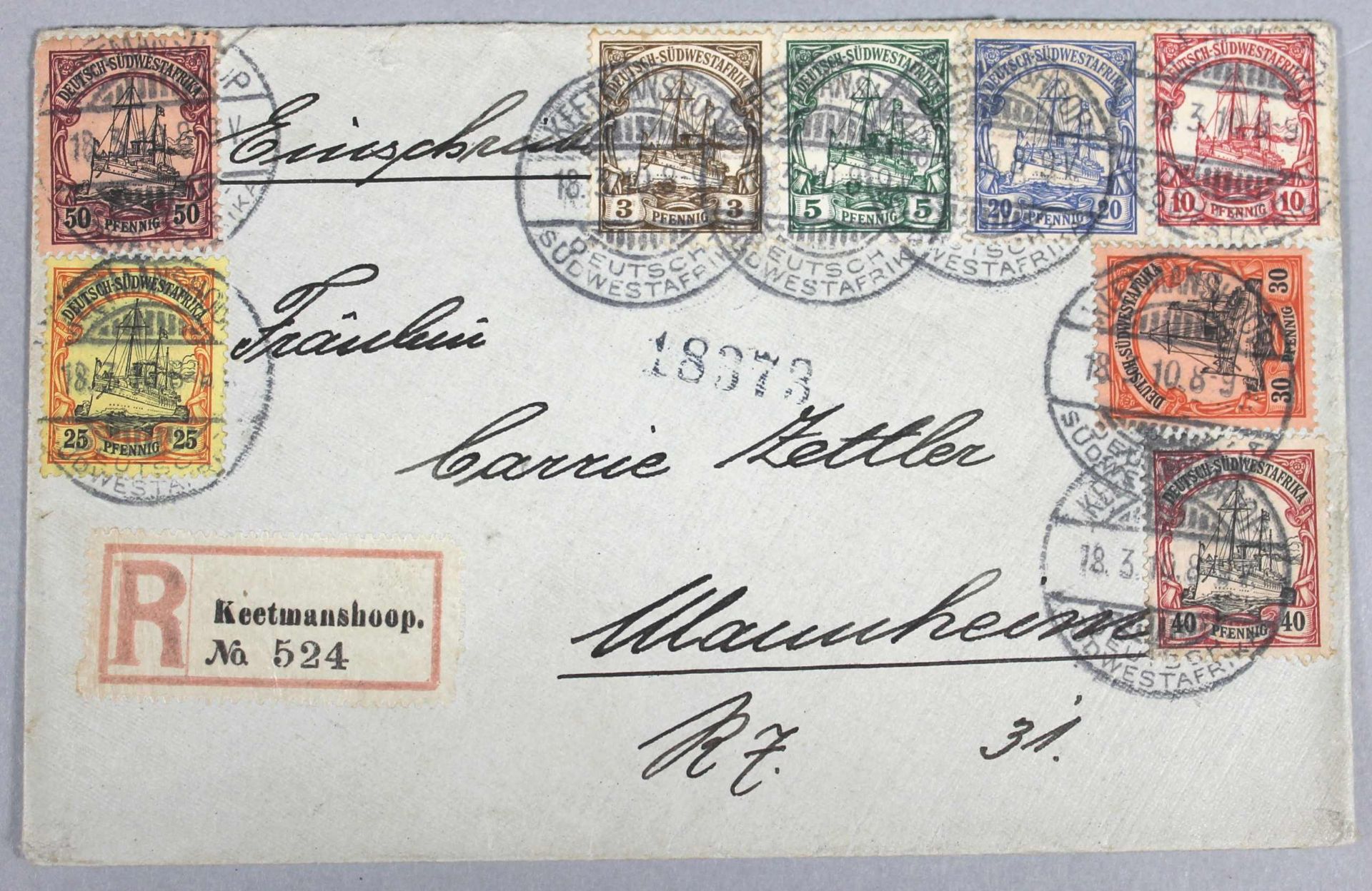 1 wunderbarer "E-Brief von Keetmanskoop nach Mannheim", 15.3.10, Ak-Stempel 10.410