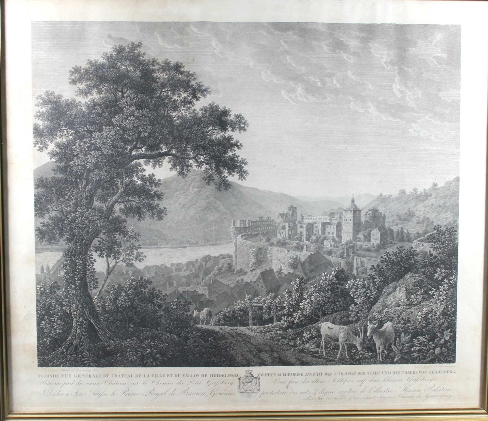 1 alter Stich s/w „Zweyte allgemeine Ansicht des Schlosses und des Thales von Heidelberg, vom Fuse