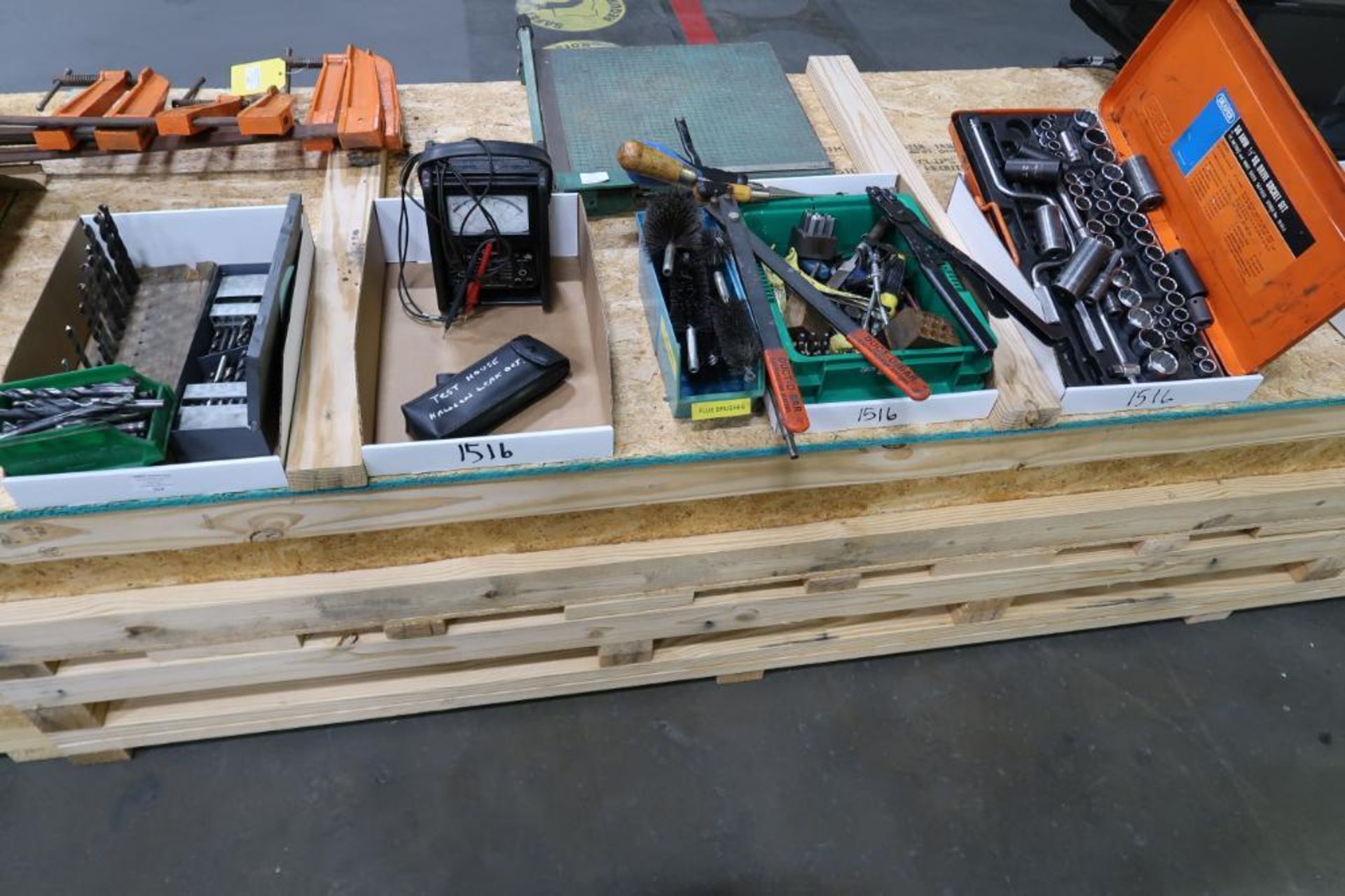 Box Lot of Drills, Electric Meter, Gas Leak Checker, Hand Tools, Number Stamps, Socket Set - Not Com