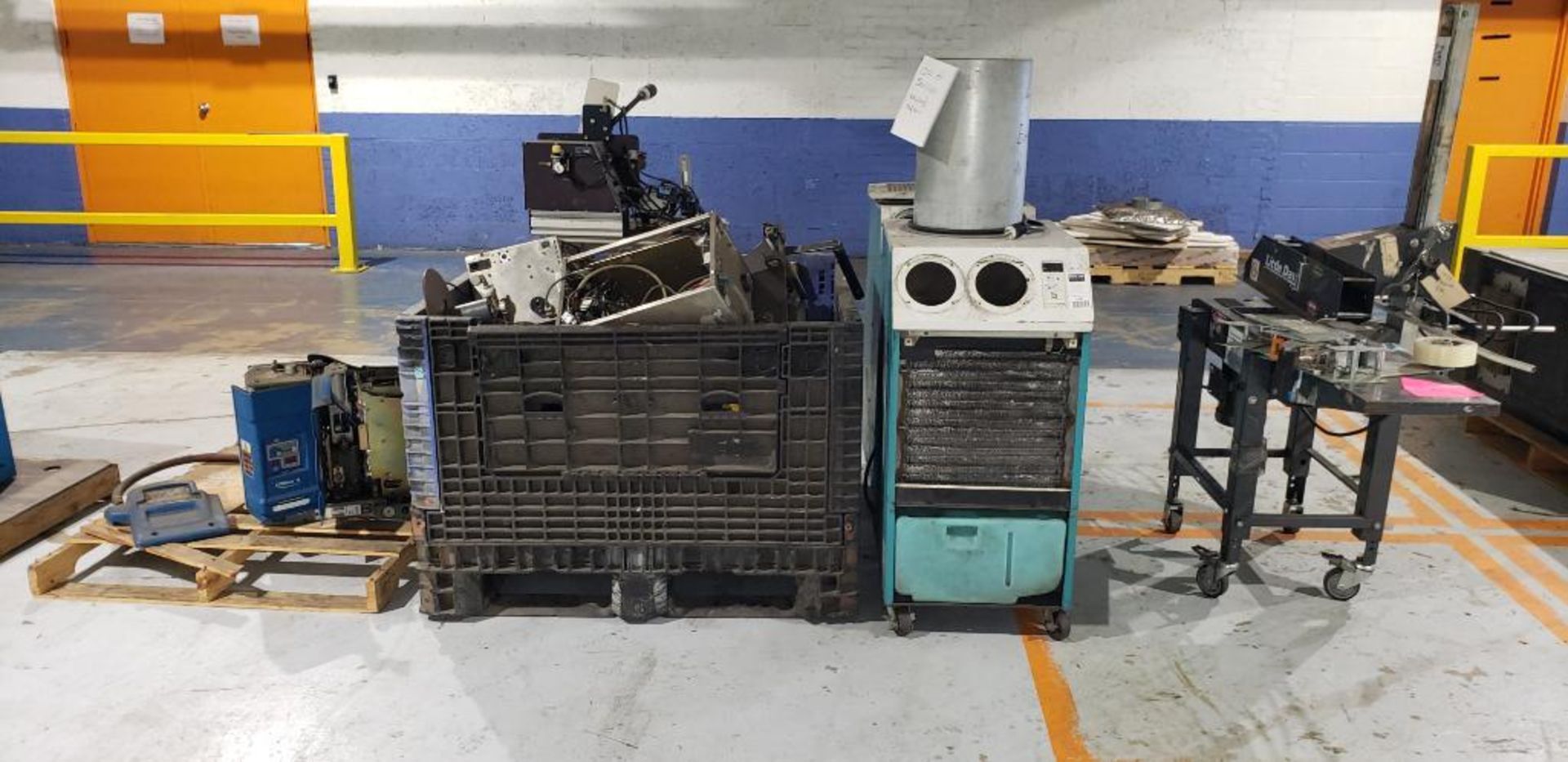 Scrap/Parts (2) Portable A/C Units, (1) Tape Machine, (1) Labeler & Tote of Labeler Parts