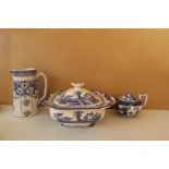 Collection Of Adams Landscapes Dish, Willow By Wedgwood Tea Pot, Blue And White Water Jug