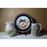 A Lot Of ( 3) Porcelain, Royal Doulton Vase, Large Plate Cat Scene, Water Jug