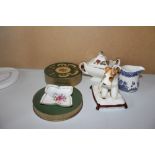 A Royal Derby Posies Pin Dish, Mansons Basin with Lid and A dog Figurine