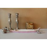 Assorted Collectibles Items To Including, Vintage Alarm Ingraham Utility Pair Of Candle Stick, Mus