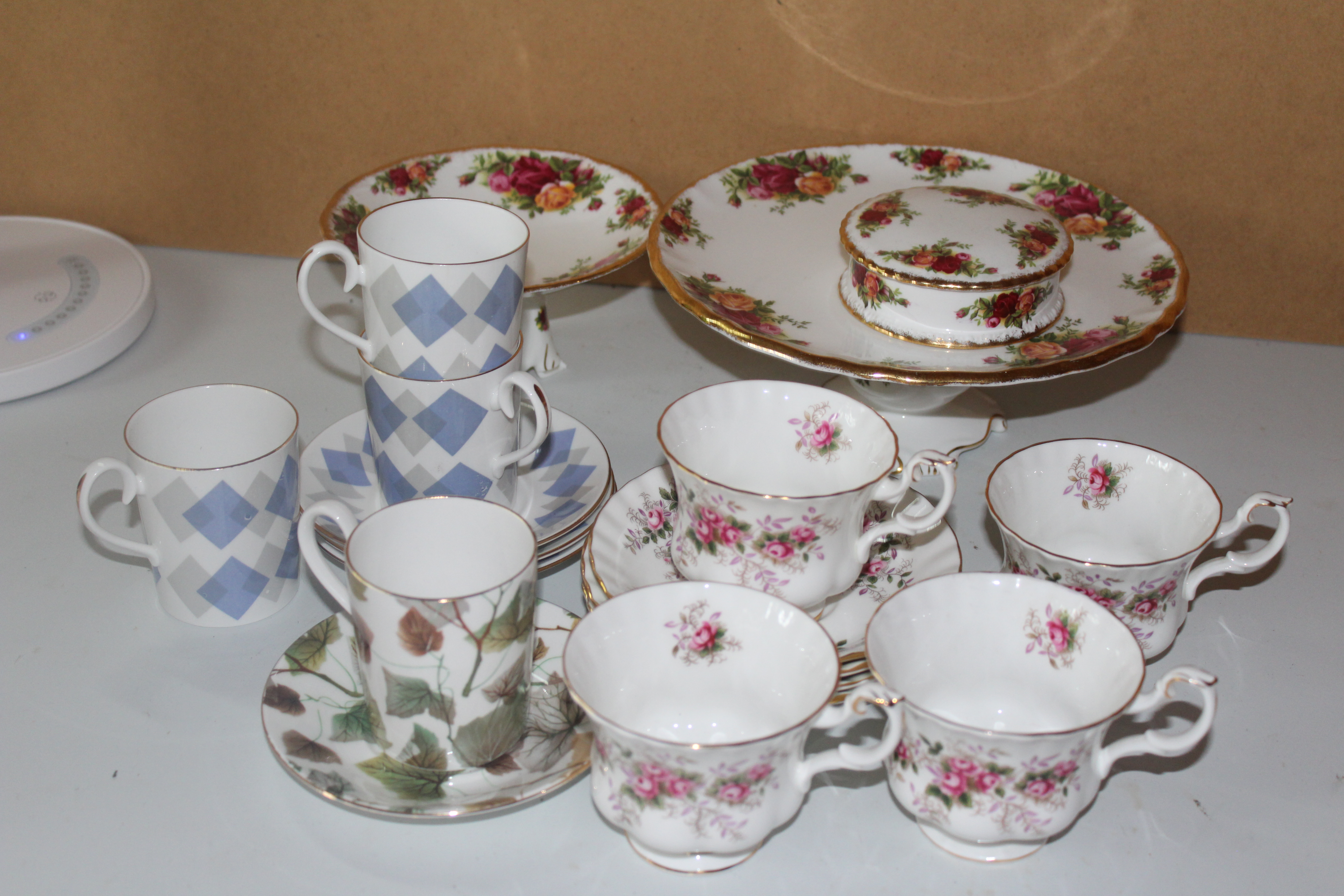 Royal Albert Cups saucers And cake Stand A/F to cicluded Country Roses, Lavende Roses and Harlequin