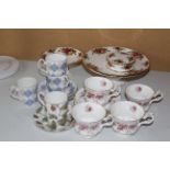 Royal Albert Cups saucers And cake Stand A/F to cicluded Country Roses, Lavende Roses and Harlequin