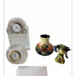 A Mixed Lot Including Stuart Crystal Mantel clock, Tipperary Crystal Clock, Beswick bird and Moncrof