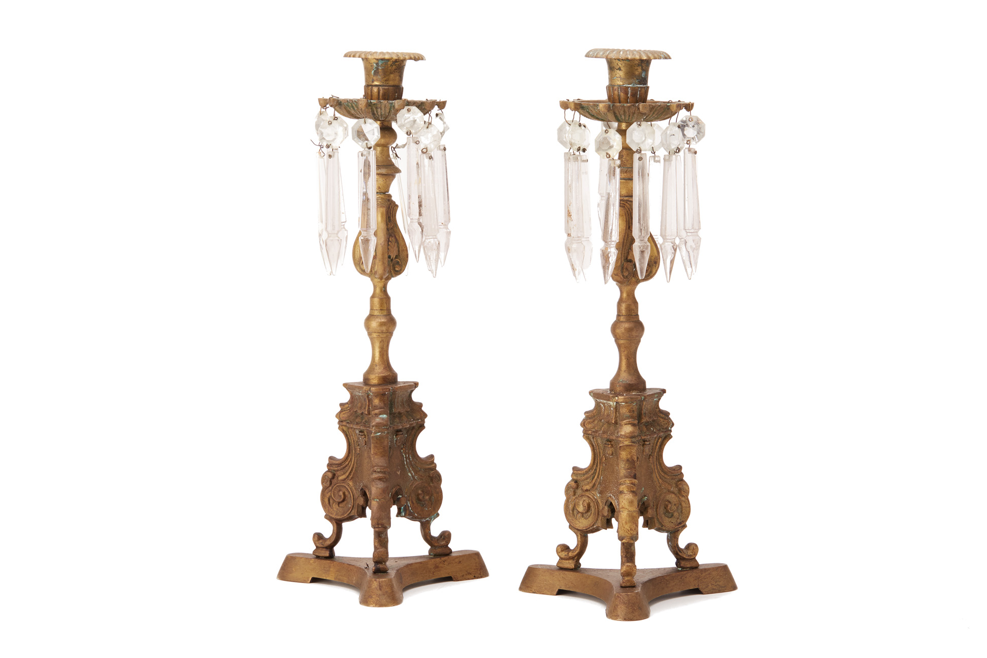 A PAIR OF BRASS LUSTRE CANDLESTICKS